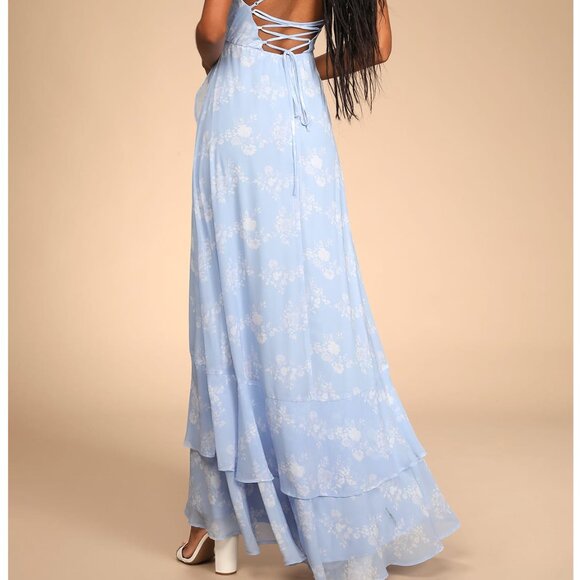 Lulu's Light Blue Floral Maxi Dress Size: Extra Small - Picture 7 of 8